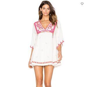 Free People Tulum Embroidered Mini Dress Ivory Pink Bell Sleeve Womens Size XS